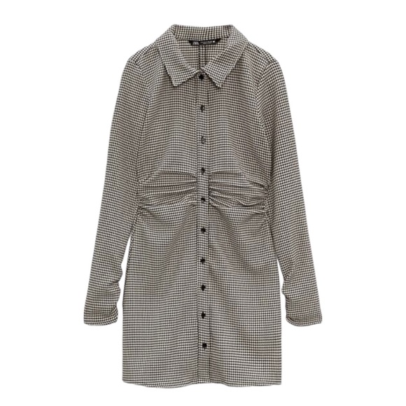 ZARA Ruched Houndstooth Button Front Mini Dress XS - Picture 7 of 9